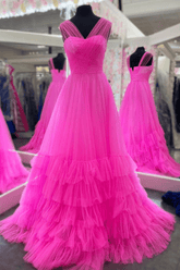 Kristin | A Line Strapless Tulle Hot Pink Corset Prom Dress Ruffles - Hot Pink - PromDressClub